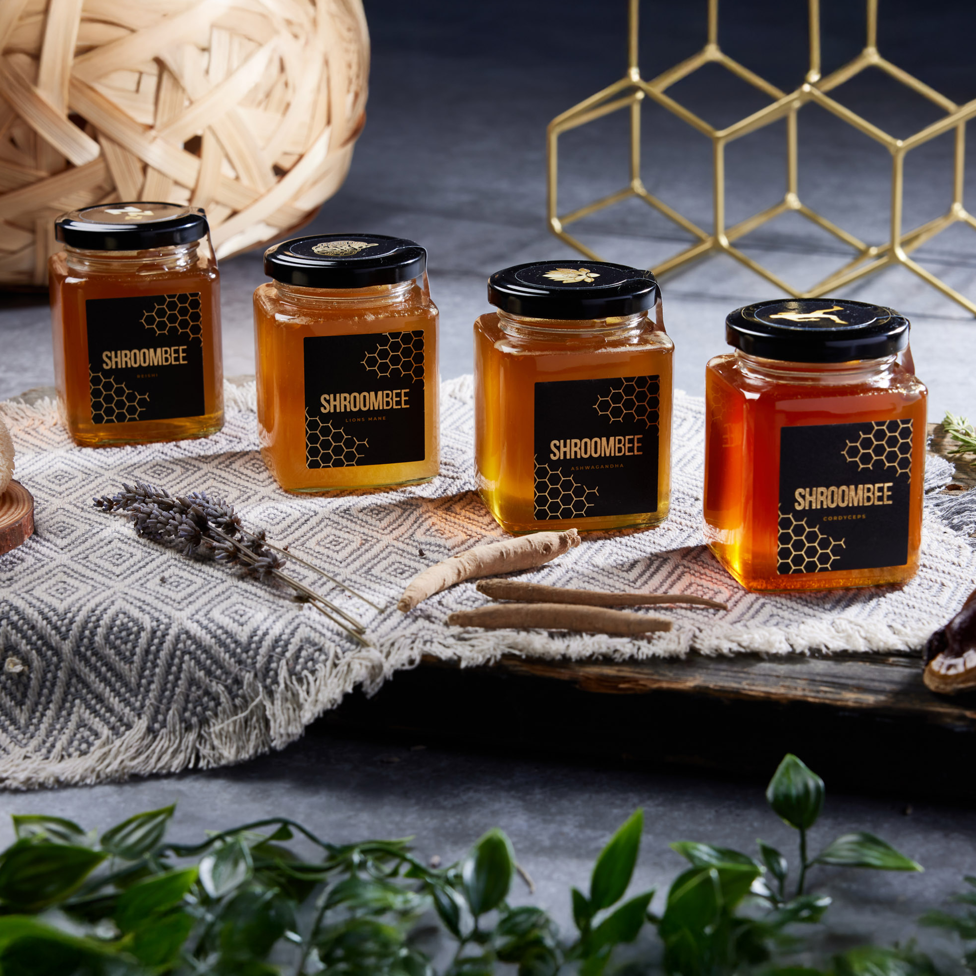 Four jars of Shroombee honey 