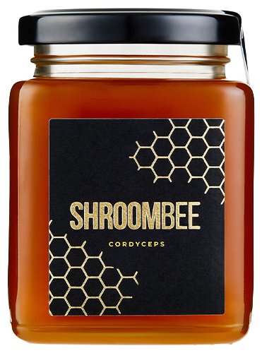Jar of Shroombee cordyceps with a black lid and honeycomb design on label