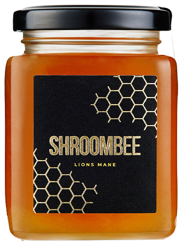 Jar of honey with 'Shroombee' label featuring honeycomb design