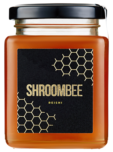 Jar of Shroombee Reishi with a black lid and label featuring honeycomb designs.